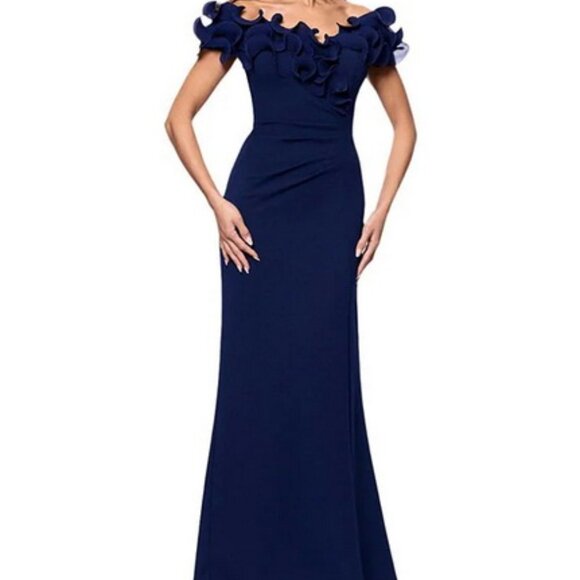 Xscape Navy Blue Chiffon Ruffle Off the Shoulder Scuba Crepe Gown - Picture 1 of 3